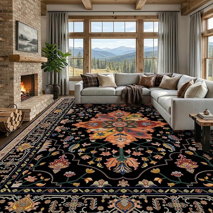 Area Rugs 10'x14' Washable Non-Slip, Floral Vintage Distress Print Pattern Medallion Carpet for Living Room Bedroom Dining Room, Black Colorful Floral Dark Tan