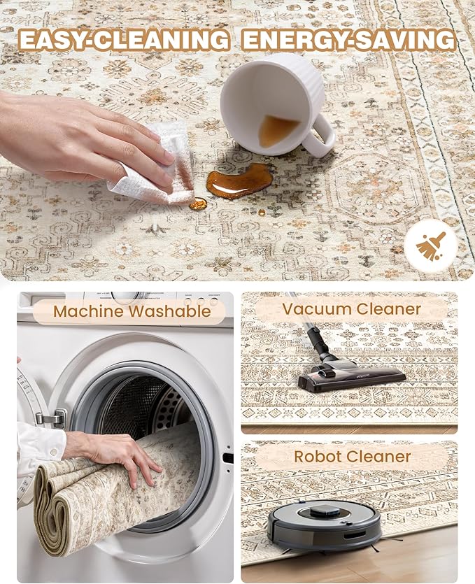 Carpet Runners for Hallway 12ft, Non-Slip Long Bathroom Rugs Runner for Kitchen, Living Room, Soft Vintage Washable Rug for Entryway, Thin Floor Mat for Dining Room(Cream/Beige,2.5'x12')