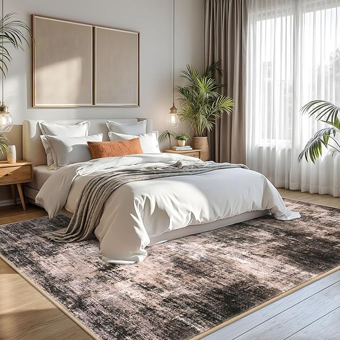IOHOUZE Abstract Area Rugs 8x10 Ft Washable Large Rugs for Living Room, Non Slip Dining Room Rug, Printed Faux Wool Rugs for Bedroom, Floor Carpet for Office Nursery Playroom, Brown/Rust