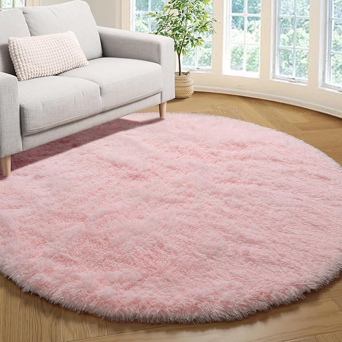 ONASAR Light Pink Round Area Rugs 3ft for Bedroom Living Room, Fluffy Cat Dog Bed Mat, Circle Rug for Kids Girls Boys Teen, Soft Plush Shaggy Carpet for Nursery Dorm Home Decor Aesthetic