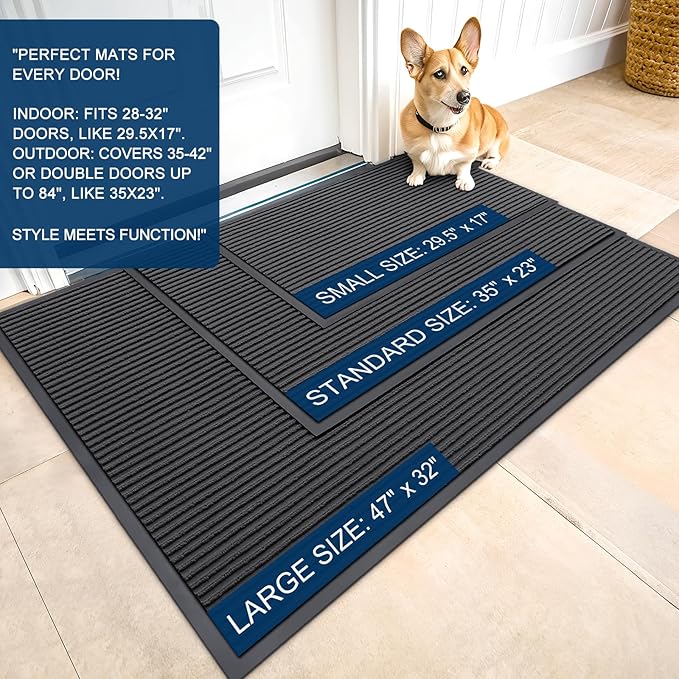 OLANLY Front Door Mat Indoor Outdoor Entrance, 2-Pack 29.5 x 17 Inch, Waterproof Heavy Duty Doormat, Fade Resistant, Low Profile, Easy Clean Patio Porch Welcome Floor Mats for Entry, Charcoal Grey