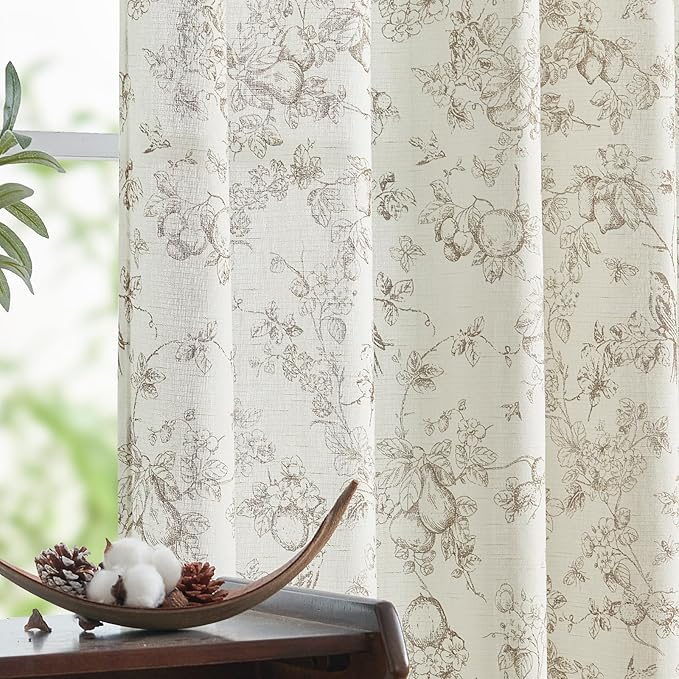 jinchan Linen Floral Curtains for Living Room 96 Inch Length Taupe Printed Flower French Country Curtain Farmhouse Cottage Core Toile Curtains Back Tab Light Filtering Window Drapes Set 2 Panels