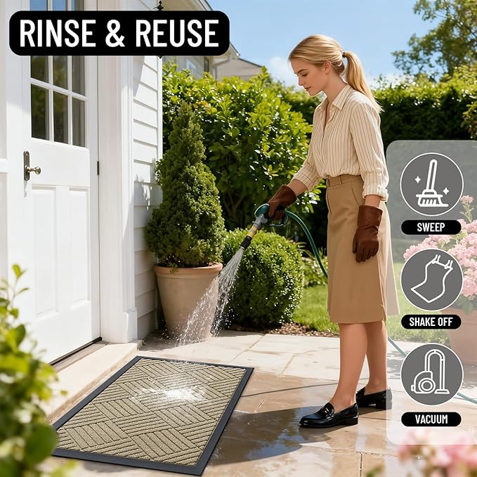 OLANLY Front Door Mat Outside Entrance 29.5x17, Absorbent, Heavy Duty Sturdy Natural Rubber Doormat Indoor Outdoor, Stain and Fade Resistant, Non-Slip Low Profile Floor Mat for Entryway, Beige Diamond