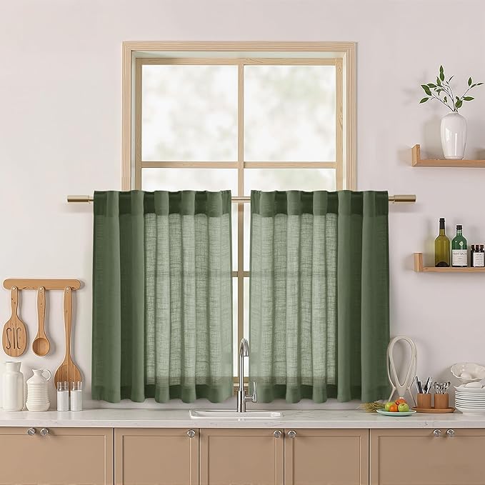Nanspring Olive Green Linen Curtains 30 Inch Length Short Kitchen, Semi Sheer Boho Cafe Curtains Back Tab and Rod Pocket Basement Drapes for Half Window 30 x 30 Inch,2 Panels