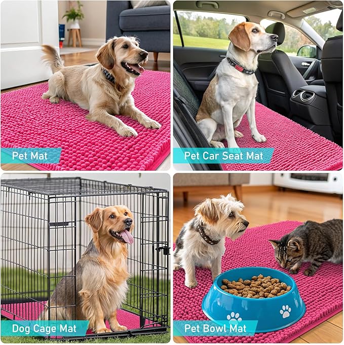 OLANLY Dog Door Mat for Muddy Paws 30x17, Absorbs Moisture and Dirt, Absorbent Non-Slip Washable Doormat, Quick Dry Chenille Mud Mat for Dogs, Entry Indoor Entryway Carpet for Inside Floor, Hot Pink