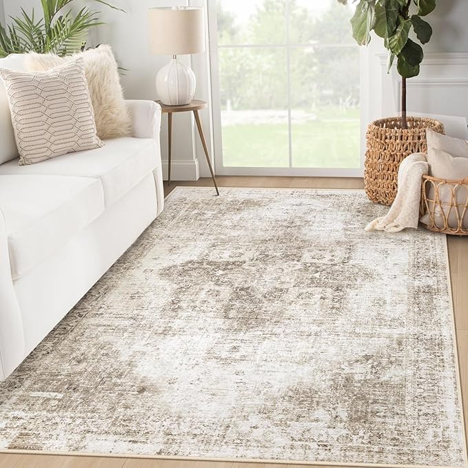 Area Rug 3x5 Washable Rug, Vintage Boho Medallion Entryway Rug Non-Slip Soft Low Pile Small Distressed Floor Carpet Retro Doormat for Kitchen Bedroom Laundry Bathroom Hallway (Taupe, 3'x5')