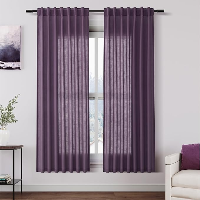 Plum Linen Curtains for Living Room 63 Inches Long 2 Panel Set Light Filtering Linen Drapes for Kitchen Windows Rod Pocket Back Tab Short See Through Curtain Country Farmhouse Decor 52x63