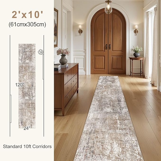 UERMEI 2X10 Washable Runner Rug for Hallway: Soft Neutral Modern Abstract Area Rug - Non-Slip Low Pile Long Throw Indoor Carpet for Kitchen Entryway Kitchen Bedroom Laundry Bathroom - Brown/Grey/Red