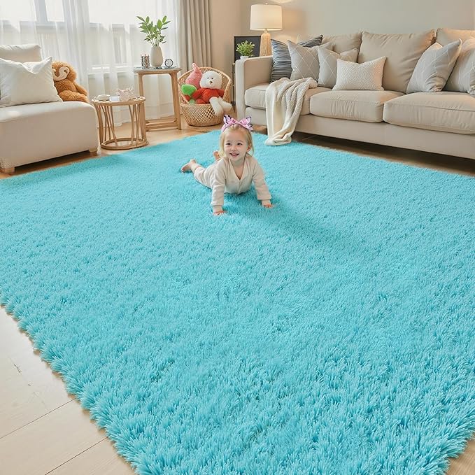 Area Rugs 9x12 Living Room, Shaggy Carpet Soft Plush Furry Bedside Rug Large Area Rugs for Bedroom Kids Girls Boys Home Decor Anti Slip(9 x 12, Teal Blue)