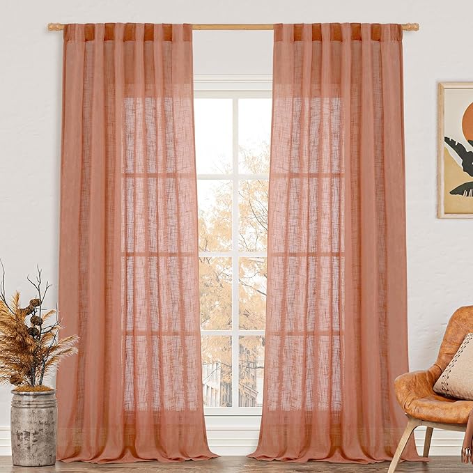LAMIT Semi Sheer Linen Curtains for Living Room, Back Tab and Rod Pocket Terracotta Curtains Light Filtering Country Rustic Neutral Drapes for Bedroom/Farmhouse, 2 Panels, 52 x 102 Inch