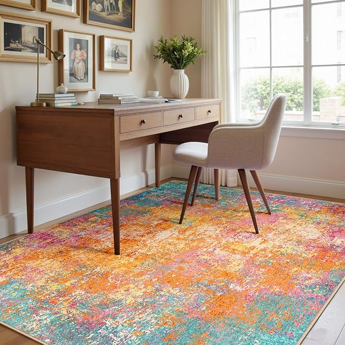 Washable Area Rugs 4'x6' Non-Slip Modern Abstract Soft for Living Room Entryway Bedroom Nursery, Print Pattern, Orange Blue Pink Yellow Colorful