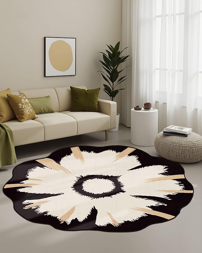 Latte&Fog Round Area Rug for Living Room, Modern Floral Washable Circle Rug, Boho Non Slip Low Pile Carpet for Bedroom, Dining Room, Entrance and Hallway(4ft Round)