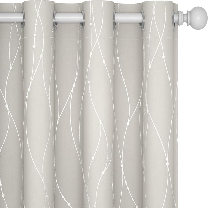 Deconovo Room Darkening Curtain, Beige Curtain, Thermal Insulated Noise Reducing Drapes, Silver Wave Dots Print, 52 x 108 Inch Long, Grommet Window Panels for Living Room Sliding Glass Door, Set of 2