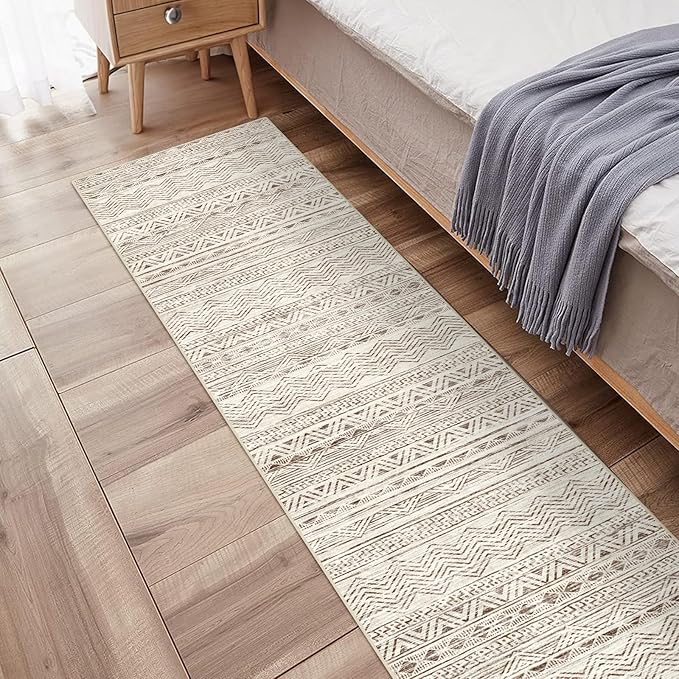 Washable Moroccan Hallway Runner Rug 2'6''x16' - Non-Slip Kitchen Floor Mat Soft Bedroom Carpet with Rubber Backing Living Room Runner for Entryway Farmhouse Style Low Pile Rug 2'6''x16' Beige