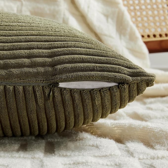 Fancy Homi 2 Packs Olive Green Lumbar Decorative Throw Pillow Covers 16x32 Inch for Living Room Couch Bed, Farmhouse Boho Home Decor, Soft Striped Corduroy Rectangle Accent Cushion Case 40x80 cm