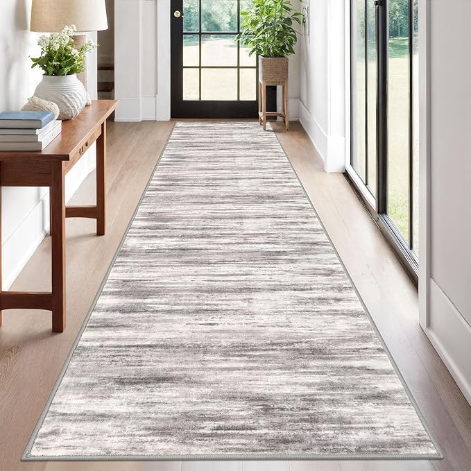 KOZYFLY Modern Abstract Washable Rug Runner 2.6x12 Hallway Rug Runner Non-Slip Soft Kitchen Runner Rugs, Grey/Light Beige/Brown Striped Carpet for Entryway Bathroom
