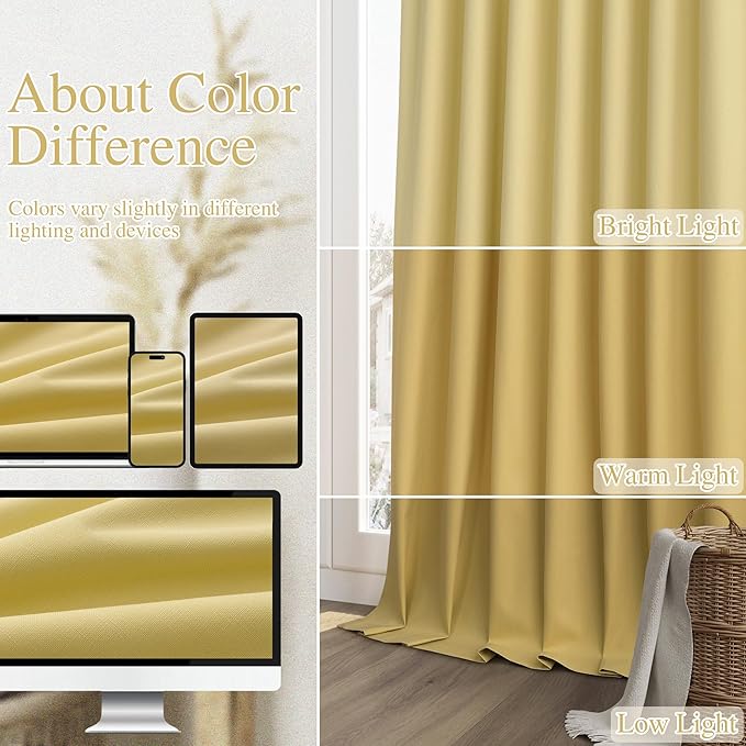 Guken Yellow 100% Blackout Linen Curtains 108 Inch Length 2 Panels Set for Living Room Bedroom Back Tab Thermal Insulated Black Out Drapes Room Darkening Farmhouse Window Curtains, 52x108