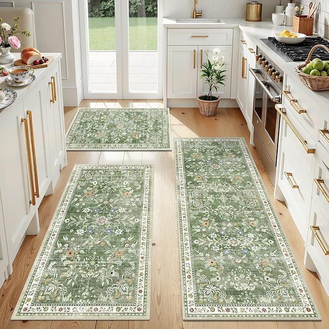 Yamaziot Washable Kitchen Rug Set of 3 – Non Slip Boho Floral Hallway Runner Rug with Rubber Backing, Low Pile Kitchen Mats for Floor, Laundry, Desk (2x3+2x4+2x5,Green)