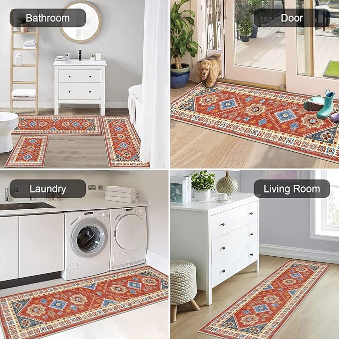 HEBE Boho Kitchen Rug Sets 3 Piece with Runner Non Slip Kitchen Rugs and Mats Washable Kitchen Mats for Floor Thick Kitchen Floor Mat Carpet Runner Rugs for Hallway Laundry Holiday Decor