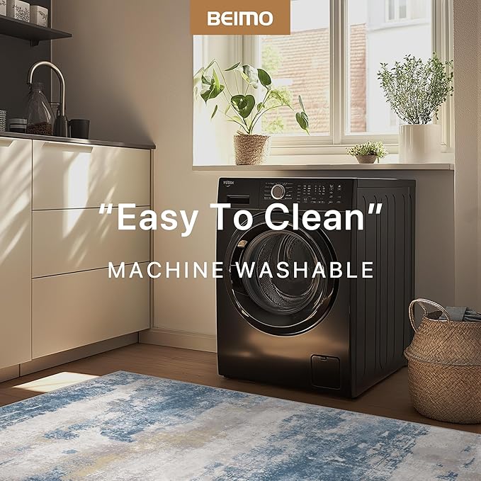 Area Rugs 10x14 for Living Room Bedroom, Modern Abstract Machine Washable Large Blue Cream Rug, Soft Low Pile Floor Carpet with Non Slip Backing for Dining Room