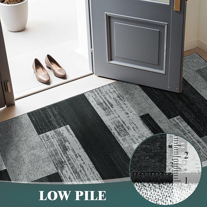 LIANLAM 5x7 Washable Area Rugs for Living Room and Bedroom, Vintage Checkered Pattern Non-Slip Carpet, Stain Resistant Low Pile Soft Rug for Dining Room,Office,Nursery,Kids Room(5x7,Gray)