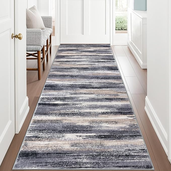 Lansny Modern Abstract Runner Rug 3x8, Grey Black Multi Washable Kitchen Runner Non-Slip Soft Hallway Rug Runner Thin Print Faux Wool Carpet for Entryway Bedroom Laundry Room Indoor Home Office Decor