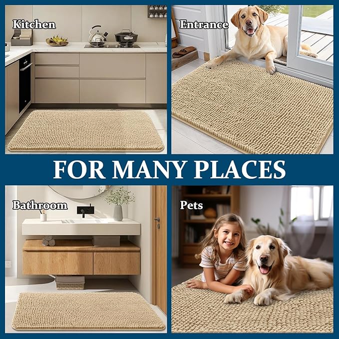 OLANLY Dog Door Mat for Muddy Paws 70x32, Absorbs Moisture and Dirt, Absorbent Non-Slip Washable Doormat, Quick Dry Chenille Mud Mat for Dogs, Entry Indoor Entryway Carpet for Inside Floor, Beige