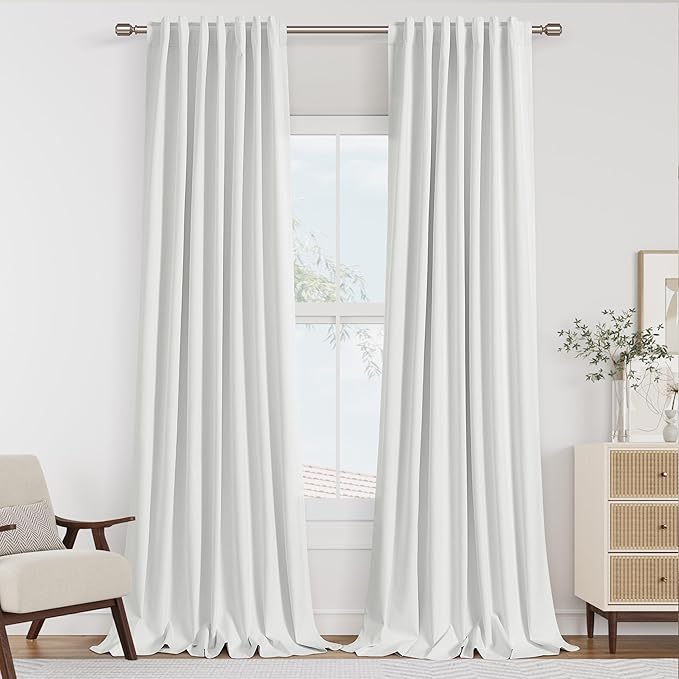 Guken White 100% Blackout Linen Curtains 120 Inch Length 2 Panels Set for Living Room Bedroom Back Tab Thermal Insulated Black Out Drapes Room Darkening Farmhouse Window Curtains 52x120