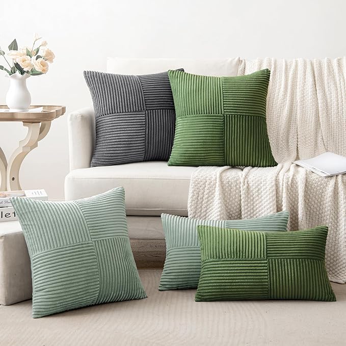 MIULEE Greyish Green Decorative Euro Sham Pillow Covers 24x24 Inch for Bed Couch Sofa Spring Decor Pack of 2 Boho Farmhouse Throw Pillows Soft Cross Corduroy Patchwork Textured Cushion Cases