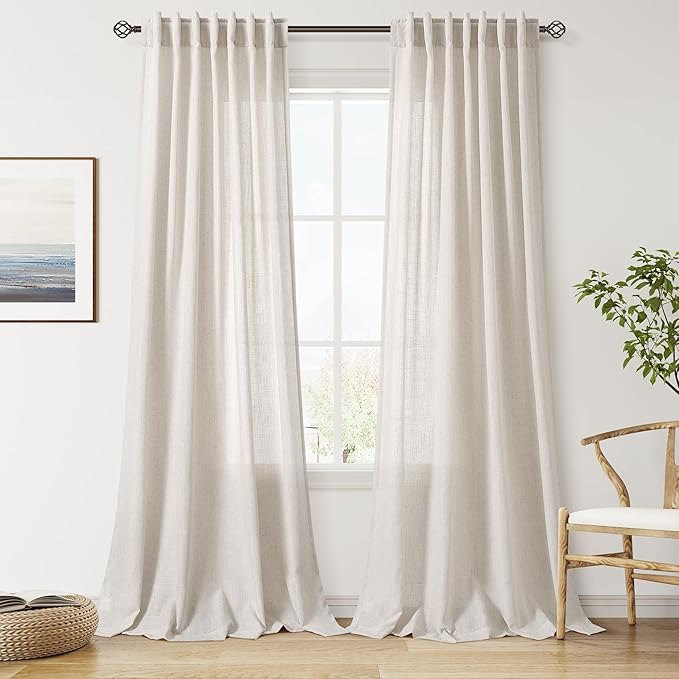 Nanspring Pearl White Linen Curtains 120 Inches Long for Living Room Light Filtering Semi Sheer Curtain Back Tab Coastal Decor Long Floor to Ceiling High Window for Bedroom Office 52x120, 2 Panels