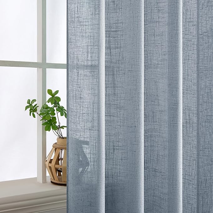 MIULEE Chambray Blue Linen Curtains 84 Inch Length 2 Panels for Bedroom Living Room, Soft Linen Textured Window Drapes Semi Sheer Light Filtering Back Tab Rod Pocket Farmhouse Modern Burlap Look Decor