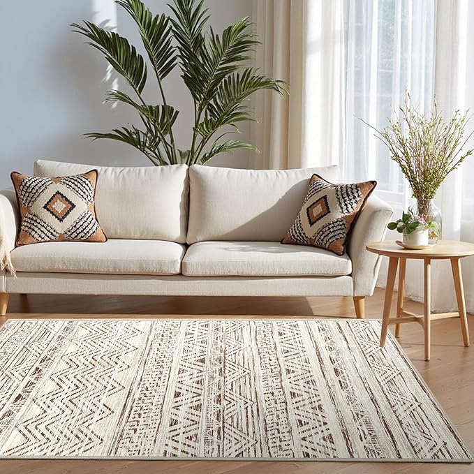 3x5 Washable Entryway Area Rug: Modern Moroccan Small Runner Rug Indoor Soft Non Slip Rug for Living Room Low Pile Thin Floor Carpet for Kitchen Dining Room Bedroom Home Office Decor(3x5,Beige)