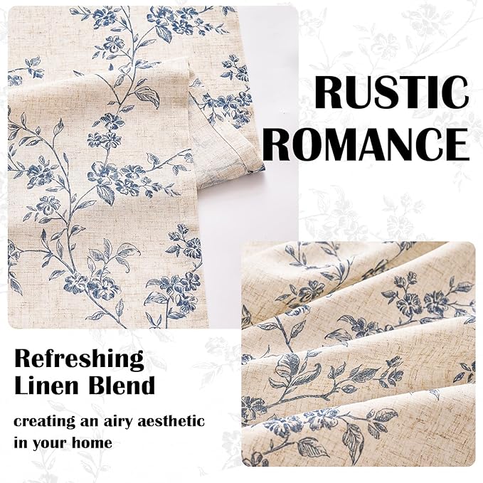Lazzzy Floral Linen Curtains Farmhouse Extra Long Curtain for Living Room Bedroom Light Filtering Vintage Rod Pocket Back Tab Drapes for Home, 2 Panels, Blue on Beige, W38 X L108