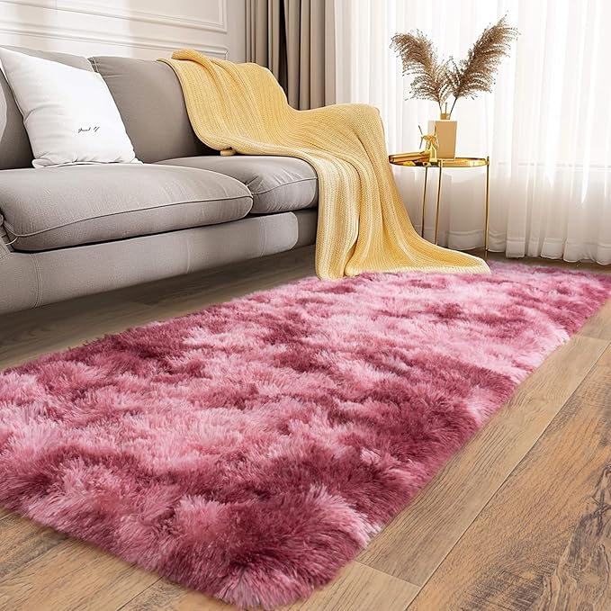 Soft Runner Rugs for Bedroom Hallways, 2x6 Tie-Dyed Blush Pink Fluffy Shag Throw Area Rug Non Slip for Bedside Dorm, Long Shaggy Furry Carpet for Nursery Living Room