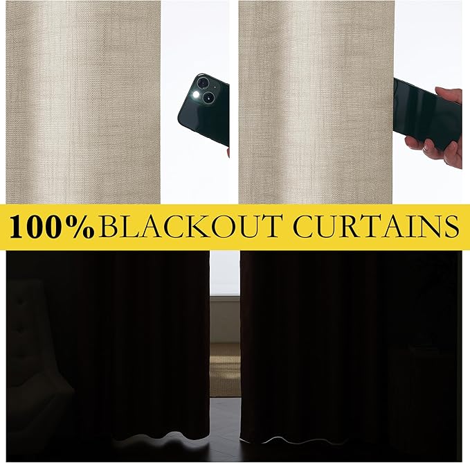 NICETOWN Taupe 100% Blackout Linen Curtains 84 inch Long Burg, Farmhouse Thick Completely Blackout Window Treatment Panels Thermal Insulated Drapes for Living Room (1 Pair, 42" Width Each Panel)