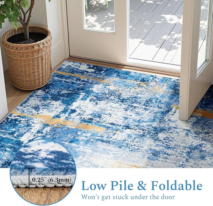 Rugflix 8x10 Area Rugs for Living Room, Washable Large Rug Stain-Resistant Low Pile, Modern Carpet for Dining Room Home Office Kid Room Nursery Bedroom, Blue Gold