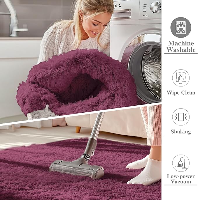 OLANLY 2x6 Machine Washable Runner Rugs for Hallway, Soft Fluffy Shaggy Bedside Rugs for Bedroom, Living Room, Indoor Floor Carpet for Kids Girls Boys, Nursery Rooms, Home Decor Aesthetic, Burgundy