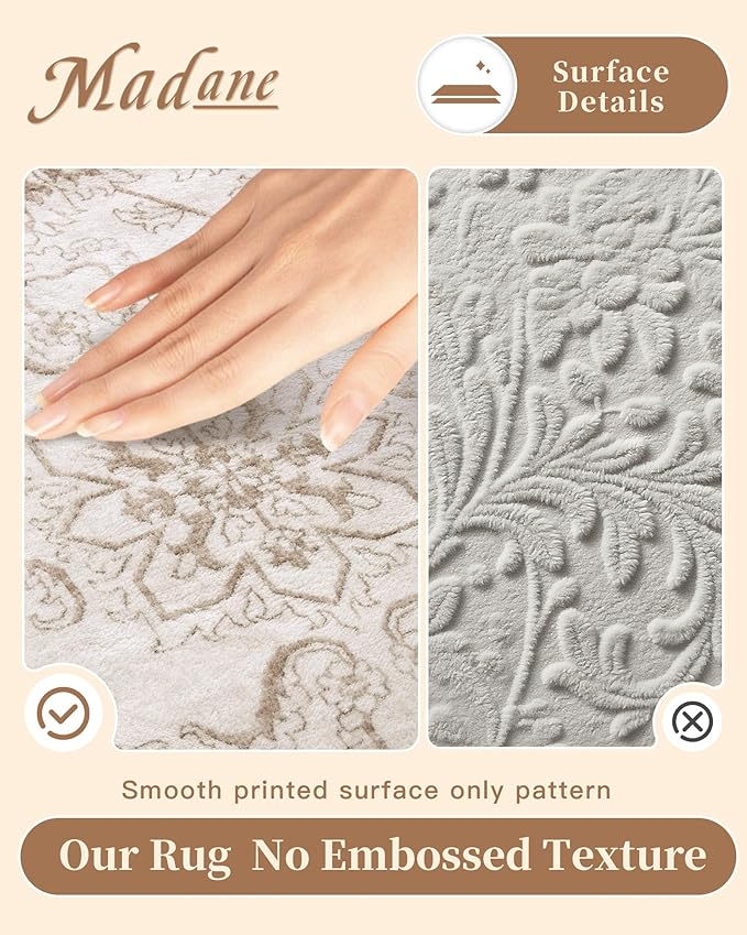 Madane Washable Area Rug 4x6, Low Pile Stain Resistant Vintage Area Rugs, Non Slip Accent Rug Floral Print Indoor Mat for Living Room Kitchen Bedroom, Brown/Ivory
