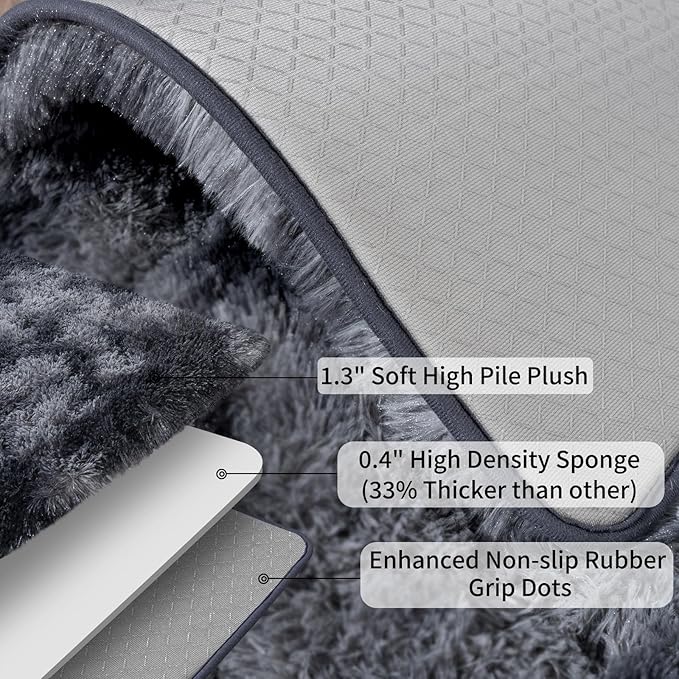 Ultra Soft Runner Rugs for Bedroom Hallways with Upgraded Non-Slip Rubber Backing & Thick Memory Sponge, 2x3 Feet Fluffy Shag Throw Area Rug for Bedside Dorm Tie-dye Dark Grey