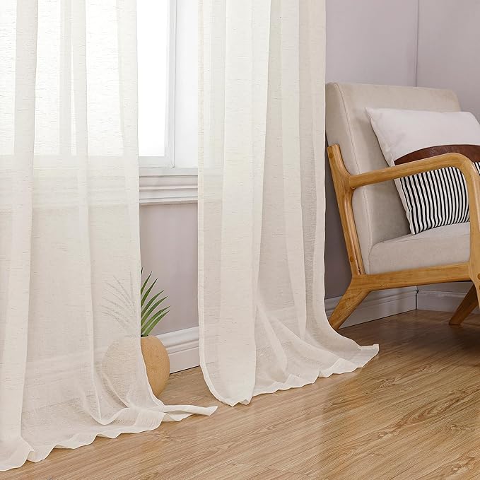 Simplebrand Natural Linen Textured Sheer Curtains 63 Inch Length 2 Panels, Rod Pocket Solid Color Window Sheer Curtain Panels, Elegant Curtains & Drapes for Living Room, Bedroom (40" W x 63" L)