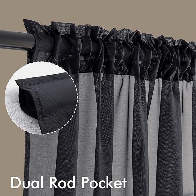 MIULEE Black Sheer Curtains 72 Inches Long, 4 Panels Set, Light Filtering Halloween Rod Pocket Voile Drapes for Living Room and Bedroom, Airy Soft Fabric Window Treatments, 42 x 72 Inches