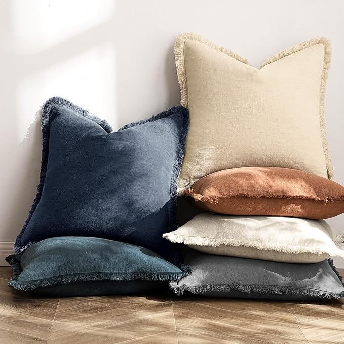 MIULEE Decorative Throw Pillow Covers Neutral Linen Fringe Throw Pillows Set of 2 Indigo Blue Boho Farmhouse Cushion Covers Coastal Decor for Couch Sofa Bed Living Room Spring Decor 18x18 Inch