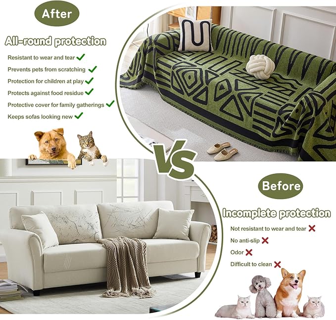 HANDONTIME Boho Geometric Couch Covers for Sofa Pet Friendly Avocado and Black Sofa Covers Washable Chenille Couch Blanket Cover for 3 4 Cushion Couches Pet Protector Furniture Cover Soft, 71" X 150"