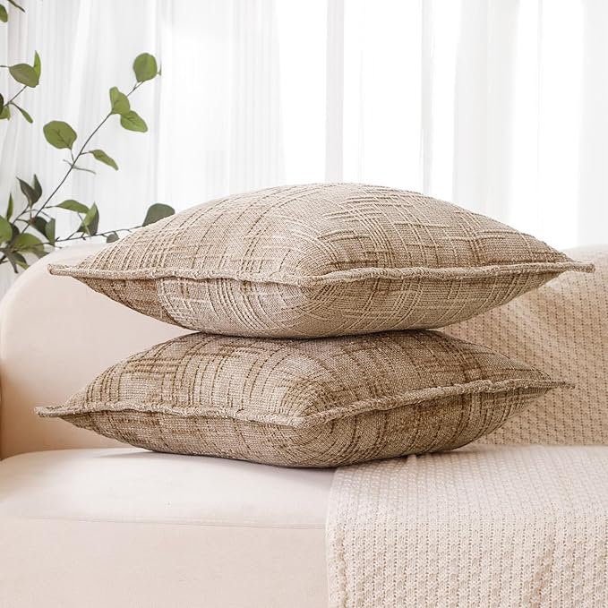 HPUK Fall Chenille Soft Throw Pillow Covers 18x18 Set of 2, Accent Cushion Covers for Living Room, Bedroom, Decorative Solid Color Pillow Covers for Couch, Sofa, Chair, Light Brown