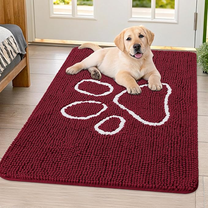 Smiry Dog Door Mat for Muddy Paws, Absorbent Dirt Trapper Non Slip Quick Dry Washable Chenille Mat for Mud Dogs, Entry Rug for Indoor and Outdoor (40x32 Inches, Burgundy and White)