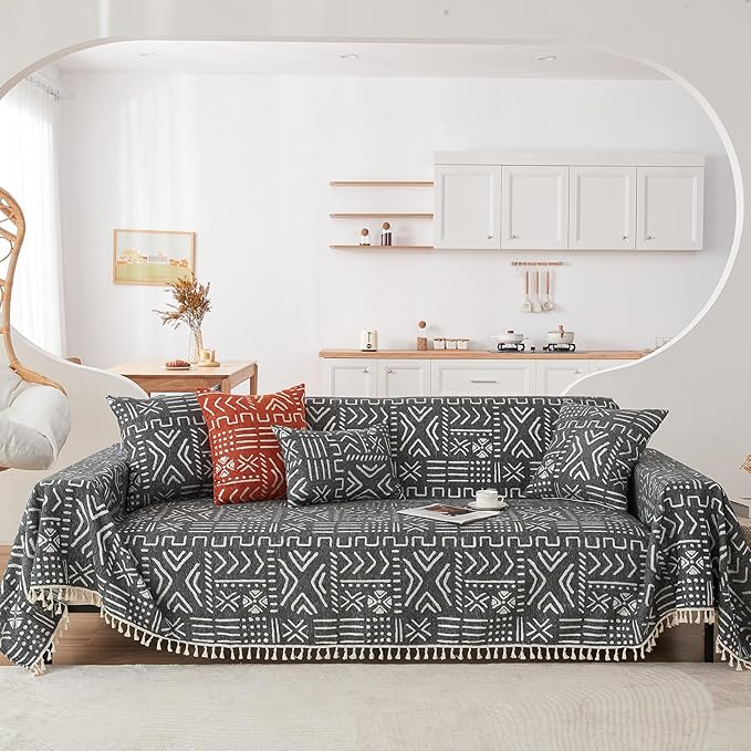 HANDONTIME Sofa Covers Boho Couch Cover for 3 Cushion Couch Sofa Geometric Couch Cover for Living Room Pet Sofa Slipcovers Couch Protector for Dogs Aesthetic Cushion Cover, Black/White
