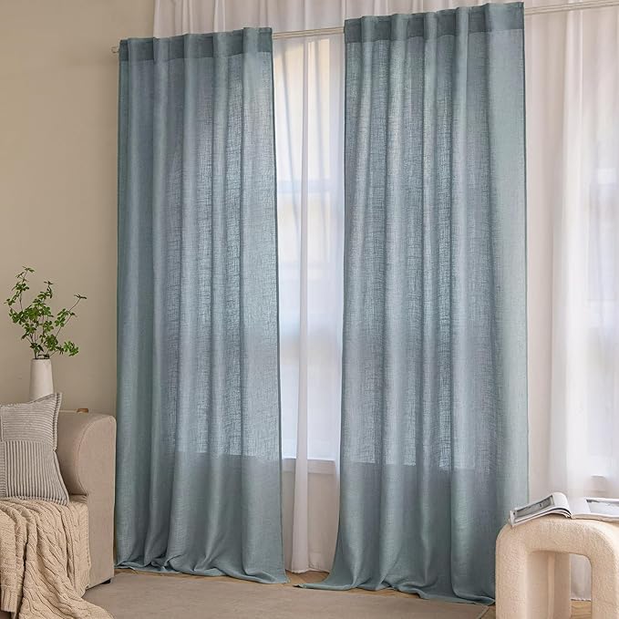 MIULEE Dusty Blue Linen Curtains 96 Inch Long 2 Panels for Bedroom Living Room, Soft Thick Linen Textured Window Drapes Semi Sheer Light Filtering Rod Pocket Back Tab Light Blue Burlap Look Decor