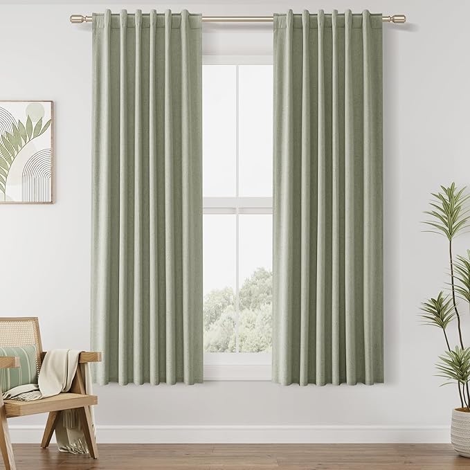 Sage Green 100% Blackout Curtains 63 Inch Length 2 Panels Set for Living Room Bedroom Back Tab Thermal Insulated Black Out Linen Drapes Room Darkening Window Curtains 40 Wide