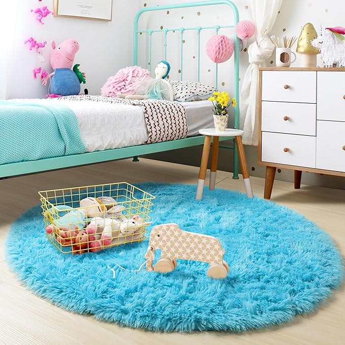 Amdrebio Blue Round Circle Rugs 6Ft for Kids Bedroom, Large Soft Fluffy Area Rug for Teen Girls Boys, Play Room Decor Aesthetic, Plush Shaggy Fuzzy Baby Carpet for Living Room Nursery Classroom Dorm