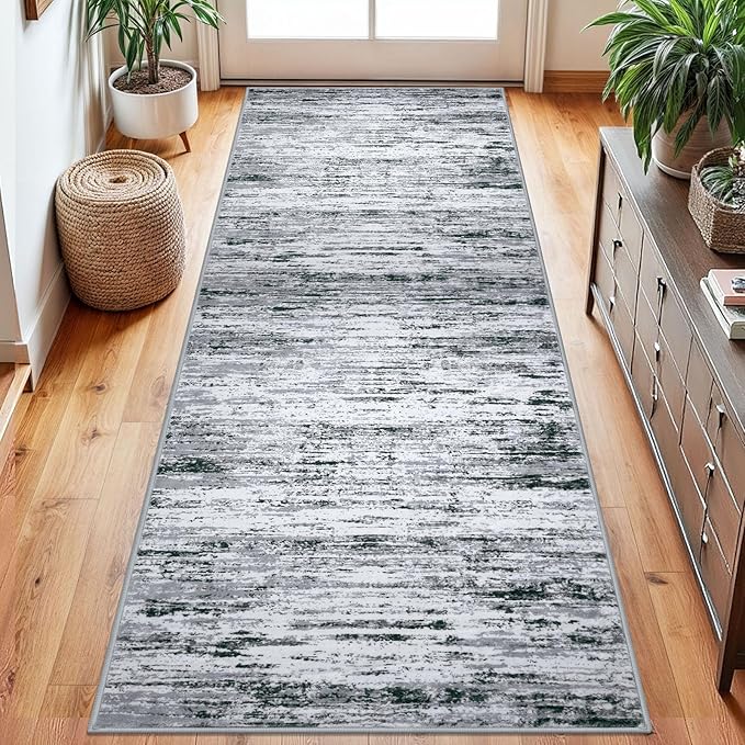Lansny Modern Abstract Runner Rug 2.6x8, Black Grey White Washable Kitchen Runner Non-Slip Soft Hallway Rug Runner Thin Print Faux Wool Carpet for Entryway Bedroom Laundry Room Indoor Home Decor